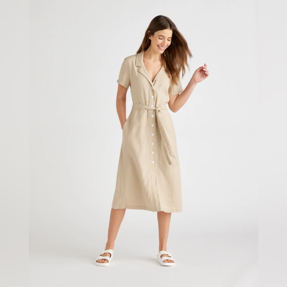 Quince 100% European Linen Button Front Dress In Driftwood Tan Women's Size M